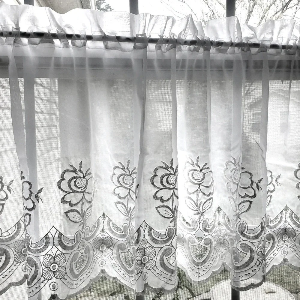 Vintage White Floral Embroidered Lace Sheer Curtain Valance 21 1/2